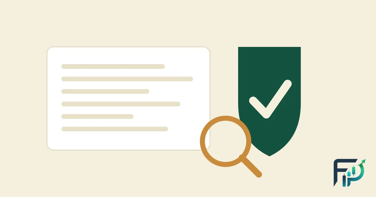 A document with placeholder lines beside a dark green shield with a white tick and an orange magnifying glass.