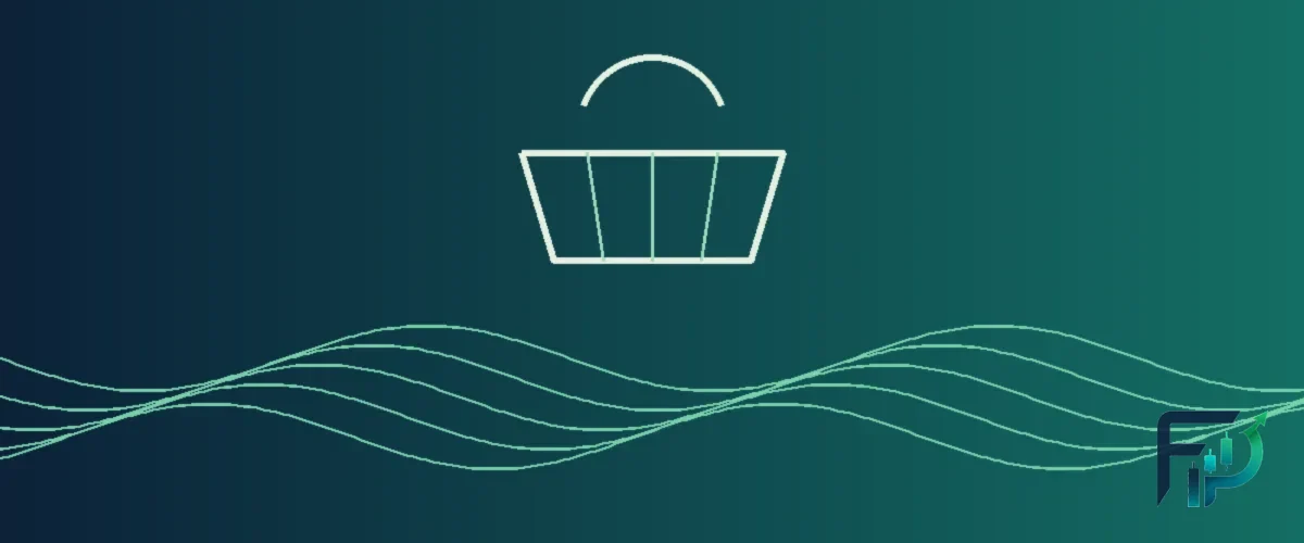 Abstract navy, teal and green illustration of a shopping basket outline above rising wave lines, representing consumer prices and currency markets.