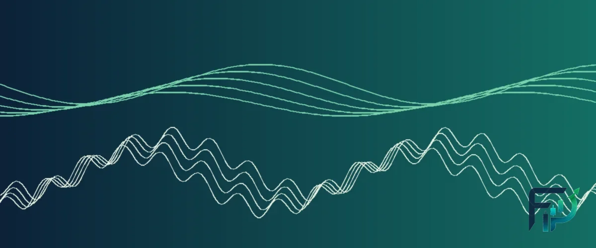 Abstract navy, teal and green illustration of two separate flowing waves side by side, one smooth and one jagged, representing two different markets.