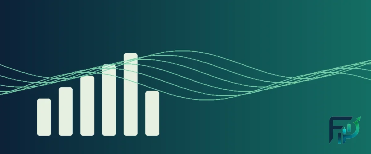 Abstract navy, teal and green illustration of a single tall column beside a wide flowing ribbon, representing an exchange-traded market and a decentralised one.