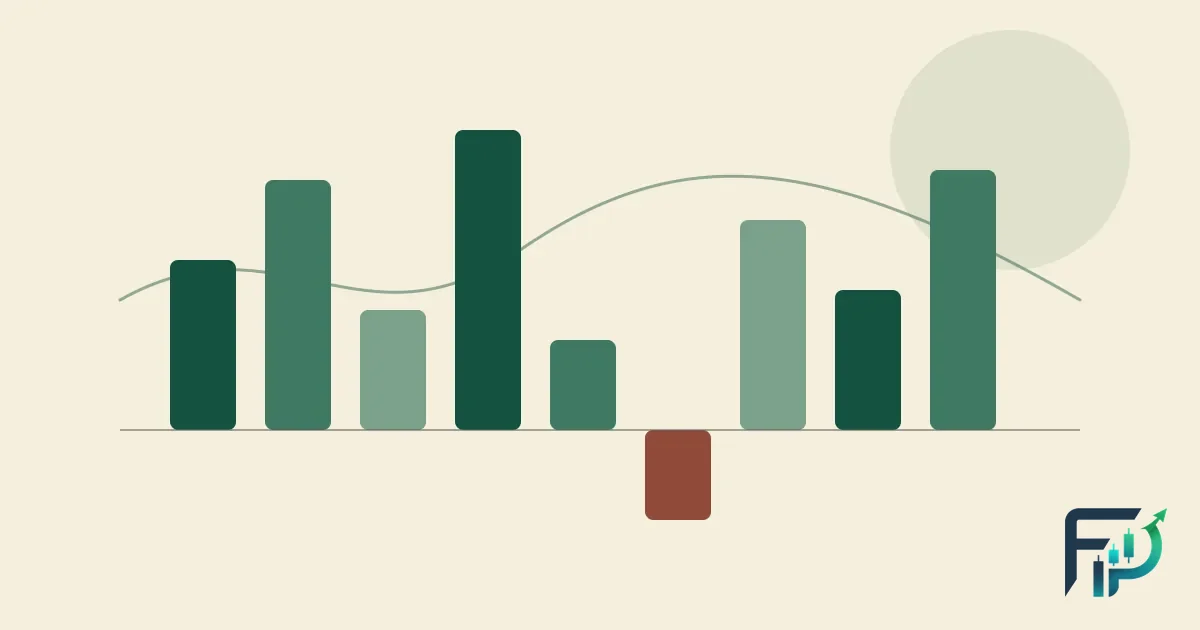 An abstract row of uneven green columns rising and one dropping below a baseline, suggesting trading results vary and are not a steady figure