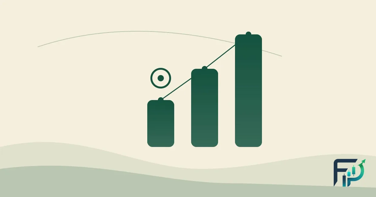 Three rounded green columns rising from left to right beside a small coin, an abstract image of building a trading account up in careful steps