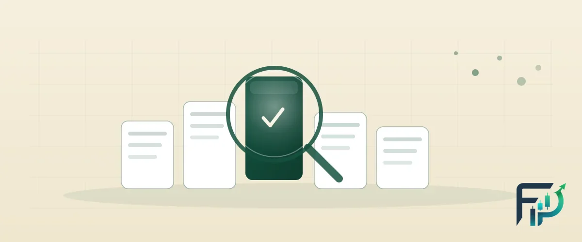Abstract two-colour illustration in deep green and cream: five rounded panels stand side by side like candidate brokers, one lifted and marked with a check, a magnifying ring passing over it to suggest careful comparison.