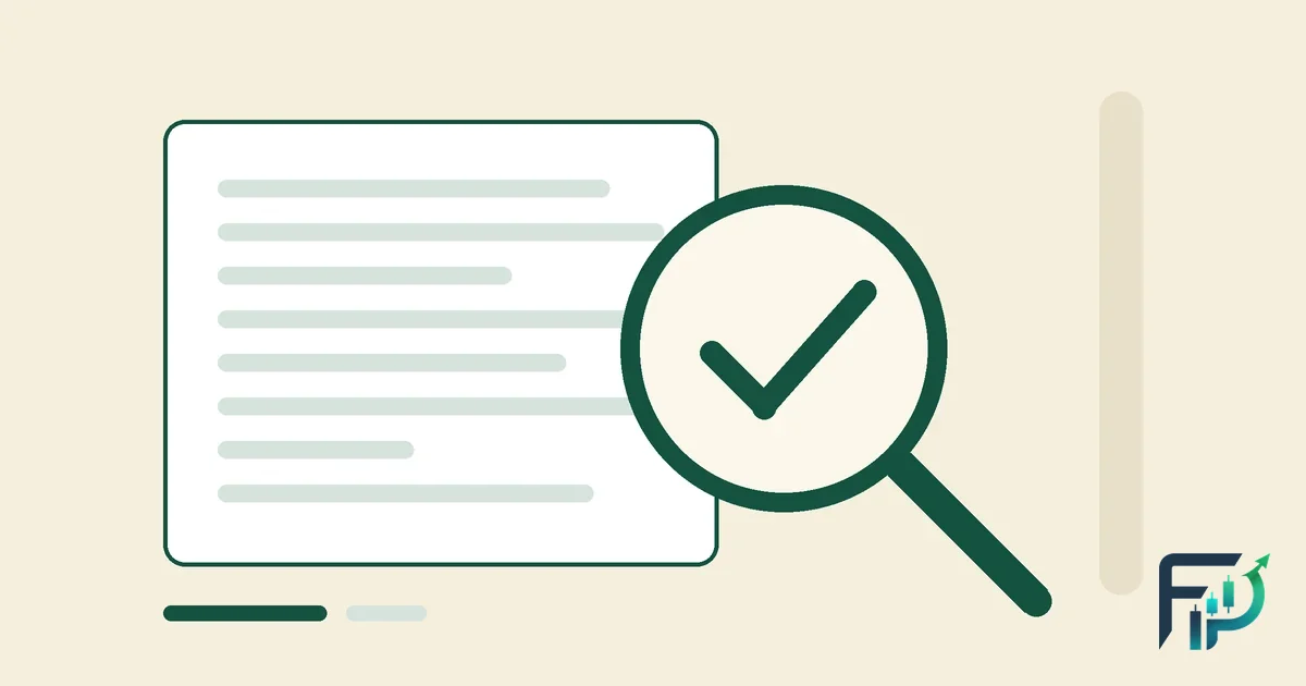Flat illustration in green and cream: a magnifying glass with a tick inside it, held over a plain document — checking a firm before depositing money.