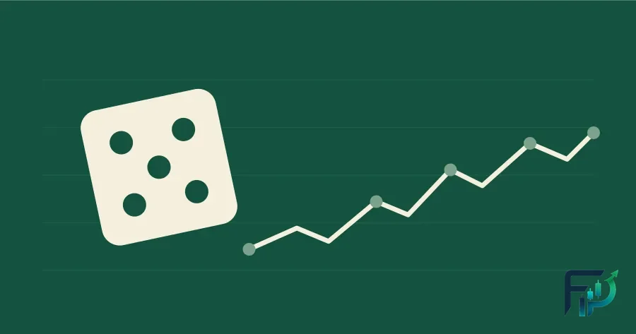 An abstract illustration of scattered dice dots on the left giving way to an orderly rising-and-settling line on the right, suggesting the move from chance to a controlled process