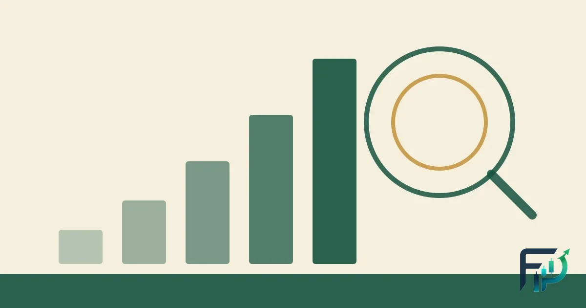 Five green bars rising steeply from short to tall, next to a magnifying glass with a gold ring inside.