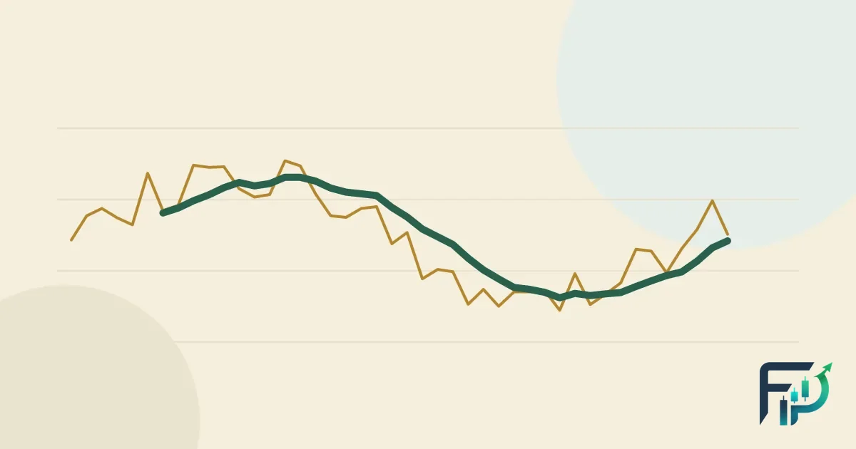 A jagged thin gold line with a smooth thick green line following it a step behind, on a cream background with faint grid lines.