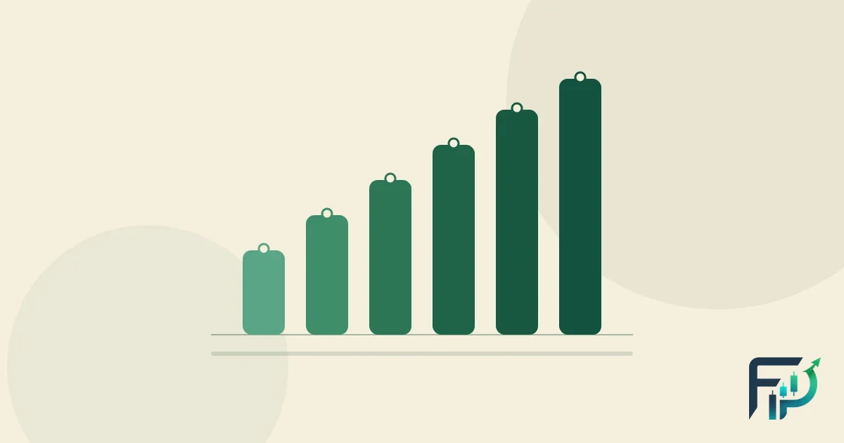Six rounded green bars stepping up evenly in height on a cream background, each topped by a small ring.