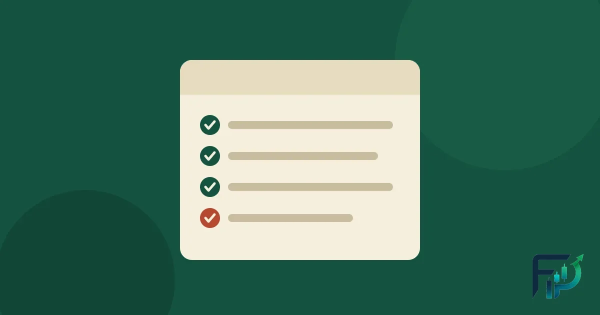 A cream checklist card on dark green with four ticked items, three ticks green and the last one red.