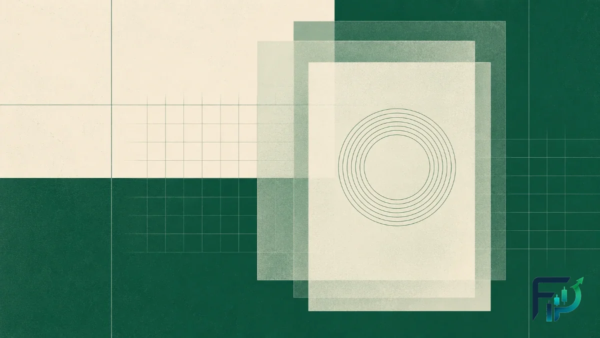 Abstract two-colour illustration in deep green and cream: overlapping translucent rectangular panels over a fine hairline grid, with concentric thin rings suggesting an official record.