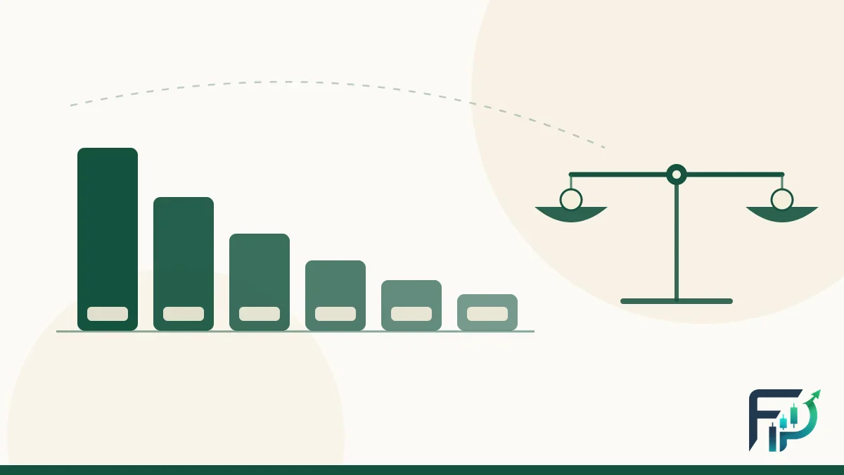 Abstract illustration of geometric blocks stepping down in size beside a balanced beam, in deep green and cream, representing a deliberately small and constant unit of risk.