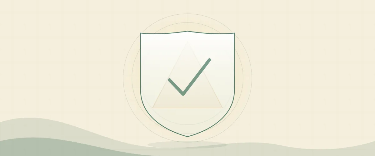 Abstract deep-green shield with a check mark over a soft amber warning triangle on a cream grid, representing protection against forex scams.