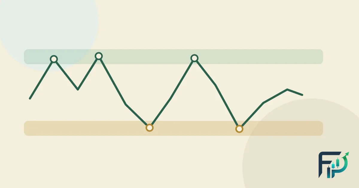 A dark green line bouncing between a pale green band above and a pale gold band below, with small rings where it touches each band.