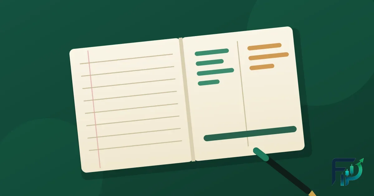 An open notebook on dark green: lined left page, two-column right page, and a pen at its edge.