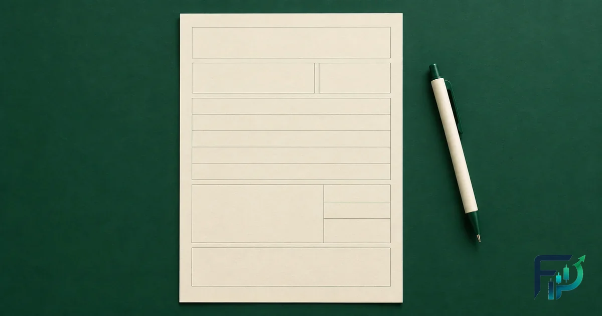 Overhead view of a blank cream form sheet with empty ruled boxes and a plain pen, on a deep green desk — a trading plan waiting to be filled in.