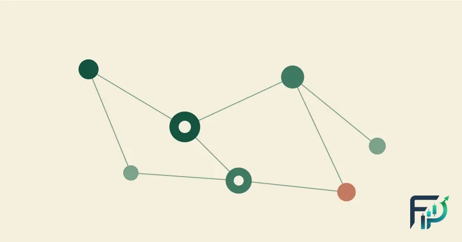 An abstract network of connected dots in green and terracotta on a cream background, suggesting tokens traded across several linked blockchains
