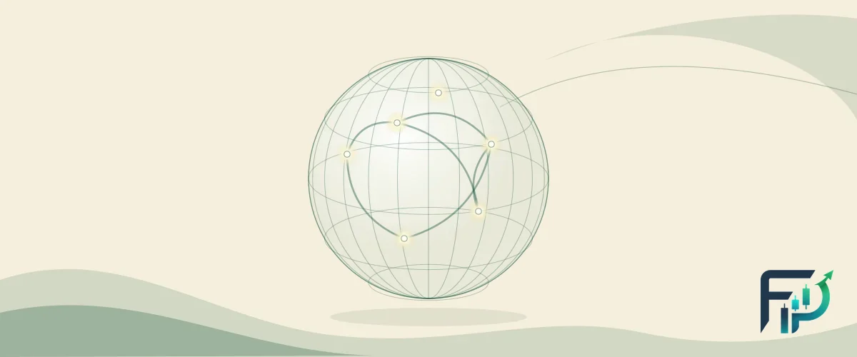 Abstract illustration of a wireframe globe with currency flows arcing between world financial centres, illustrating what forex is