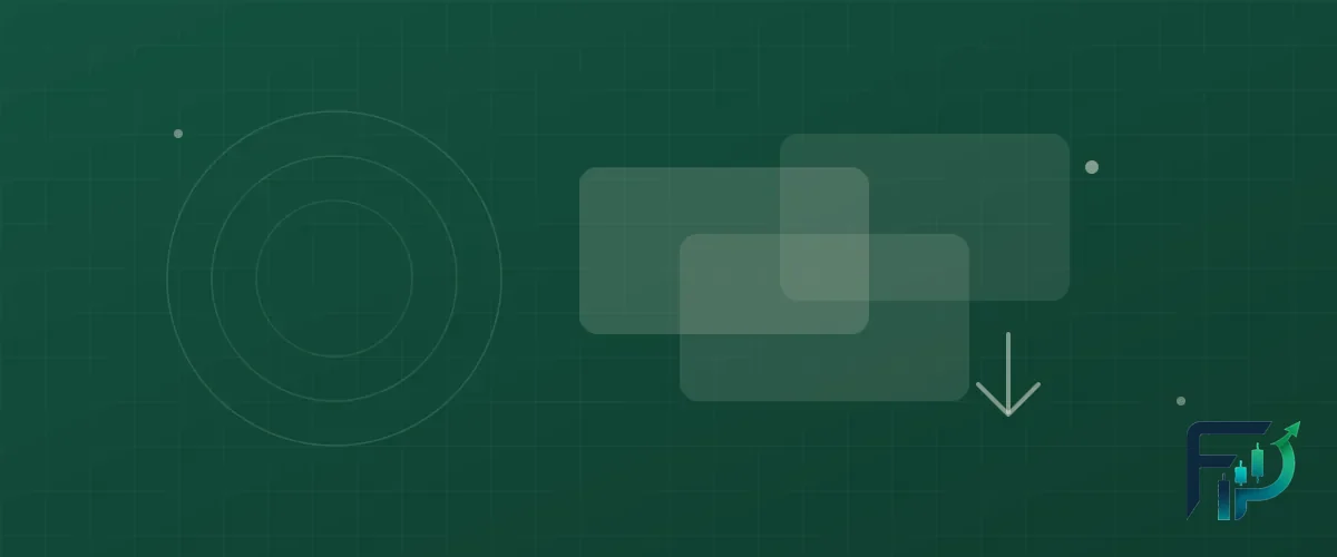 Abstract two-colour illustration in deep green and cream: overlapping translucent rounded panels over a fine hairline grid, with concentric rings and a downward arrow suggesting money leaving an account.